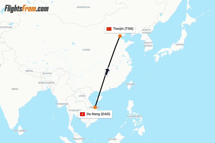 Flights from Da Nang to Tianjin route map