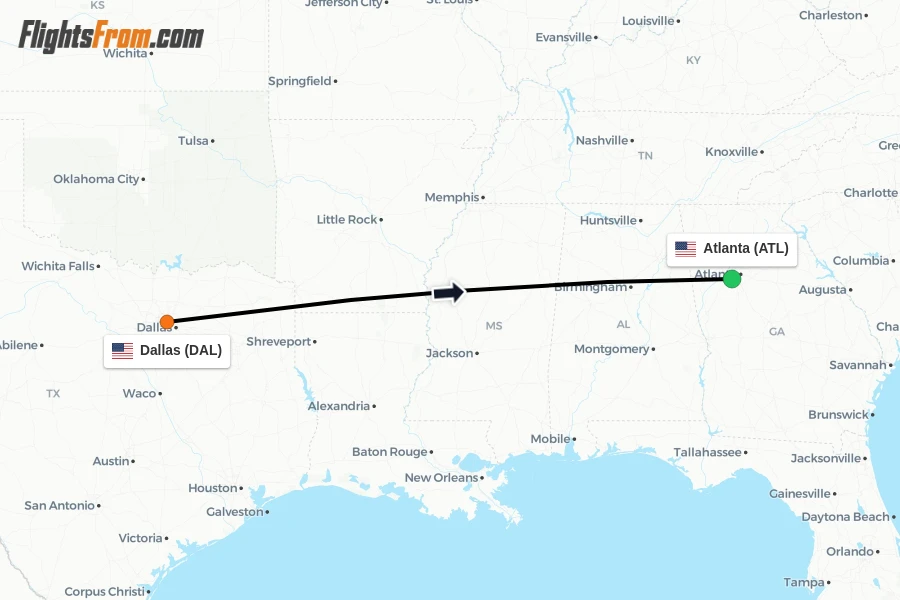 Flights from Dallas to Atlanta route map