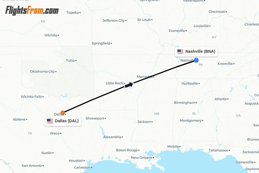Flights from Dallas to Nashville route map