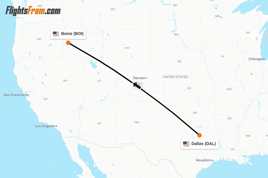 Flights from Dallas to Boise route map