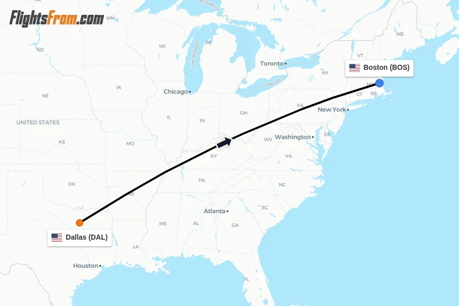 Flights from Dallas to Boston route map
