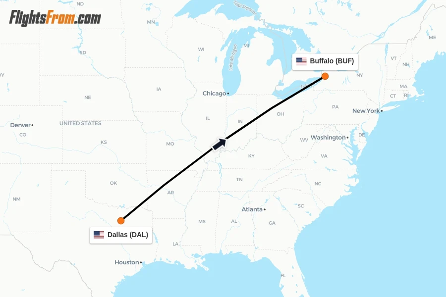 Flights from Dallas to Buffalo route map