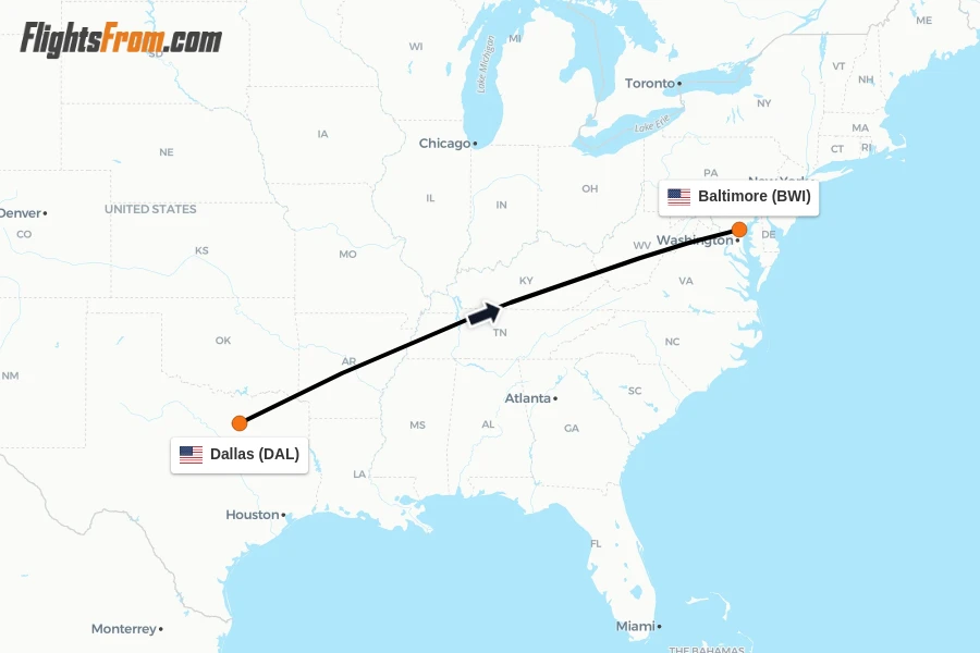 Flights from Dallas to Baltimore route map