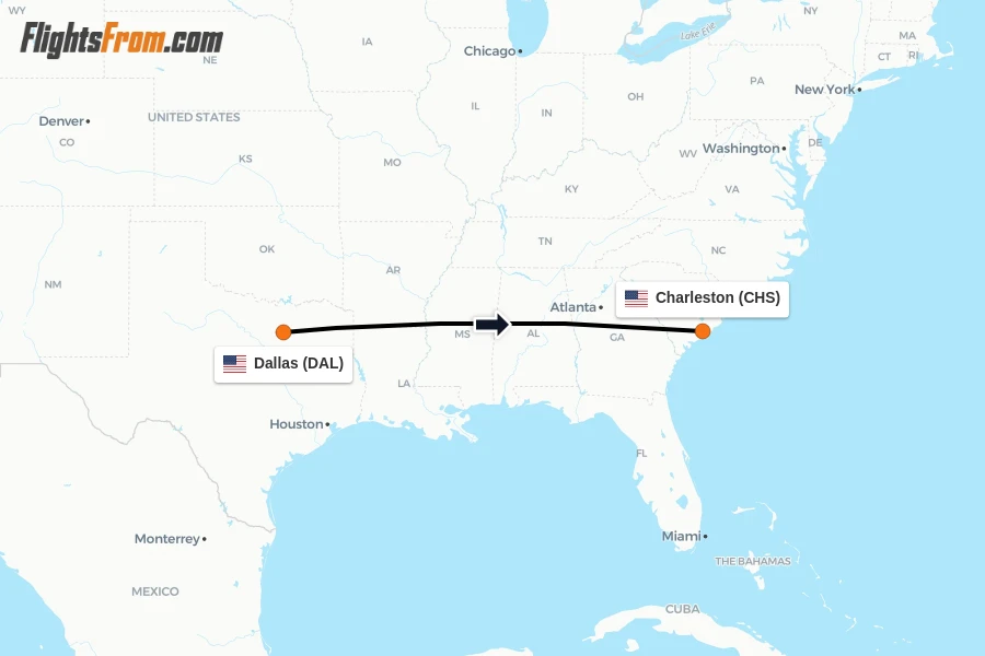 Flights from Dallas to Charleston route map