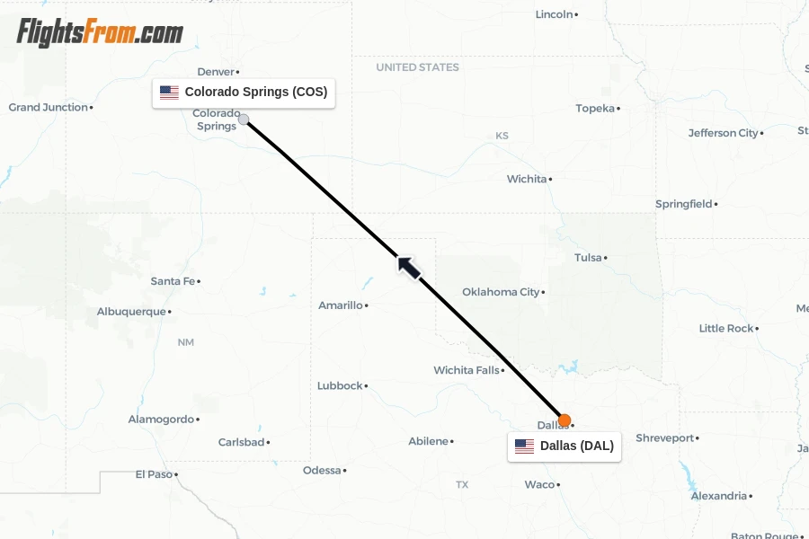 Flights from Dallas to Colorado Springs route map