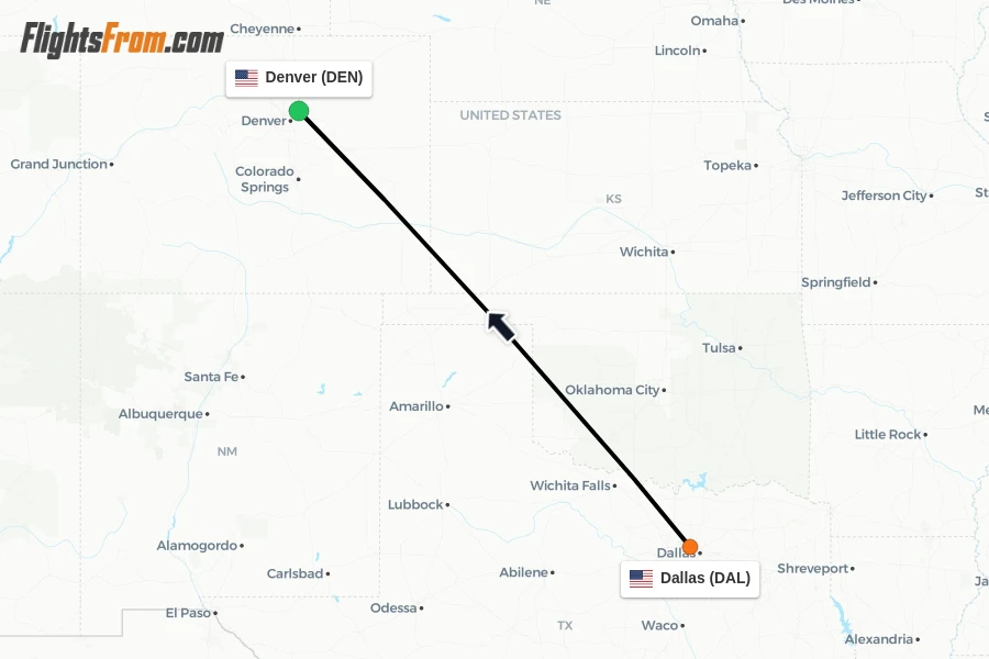Flights from Dallas to Denver route map