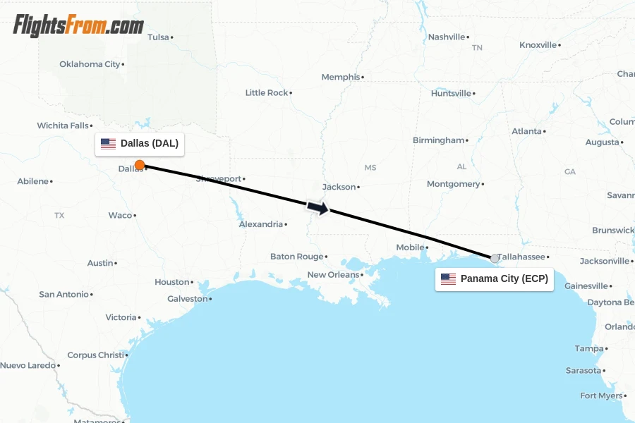 Flights from Dallas to Panama City route map