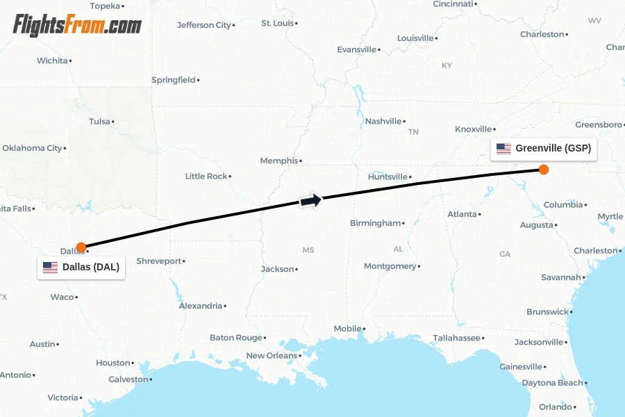Flights from Dallas to Greenville route map