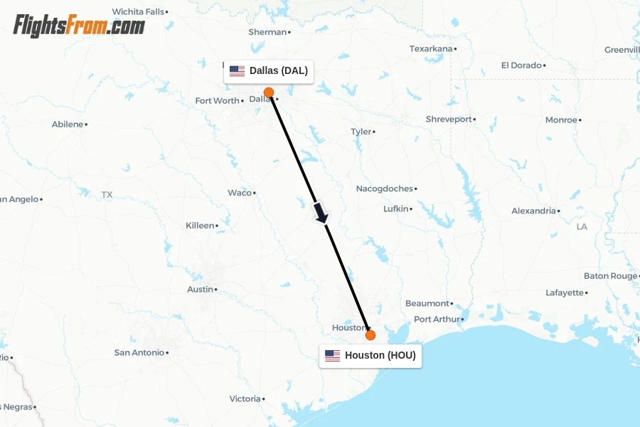 Flights from Dallas to Houston route map