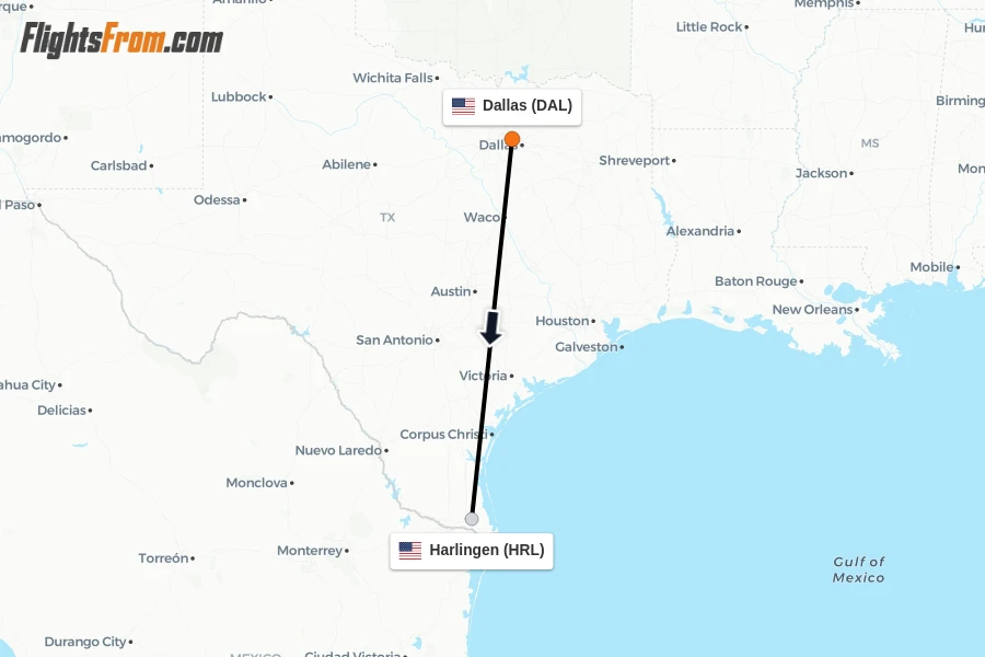 Flights from Dallas to Harlingen route map