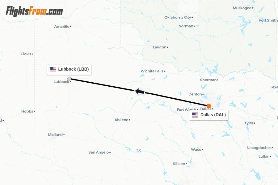 Flights from Dallas to Lubbock route map