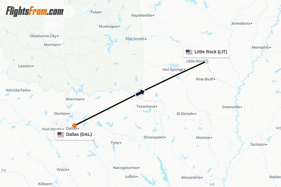 Flights from Dallas to Little Rock route map