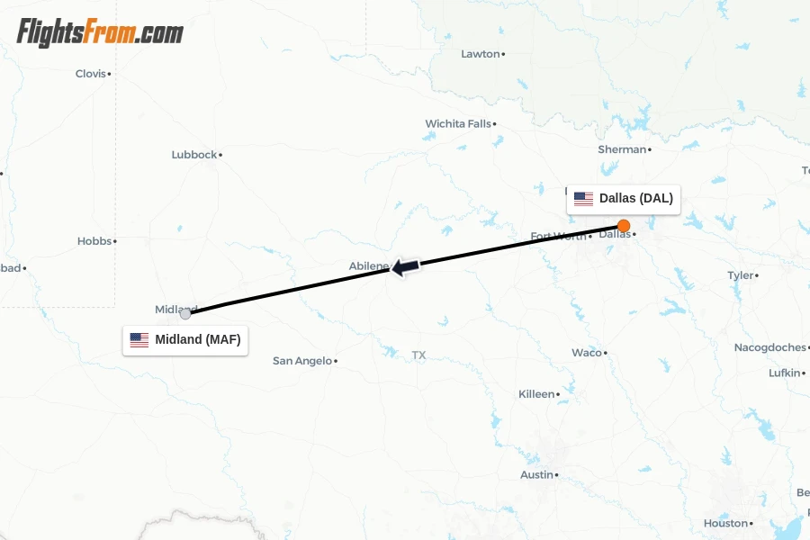 Flights from Dallas to Midland route map