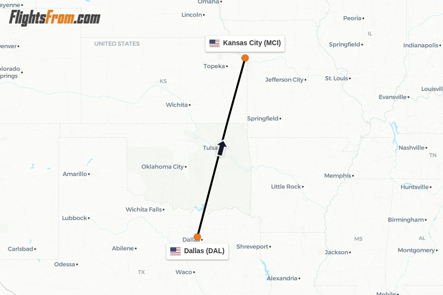Flights from Dallas to Kansas City route map
