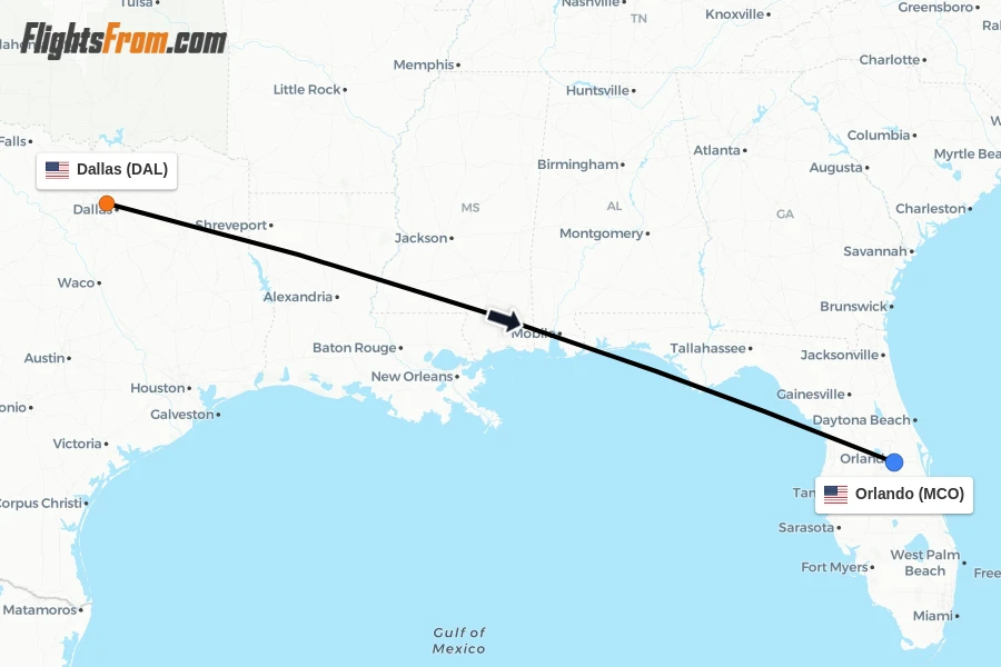 Flights from Dallas to Orlando route map
