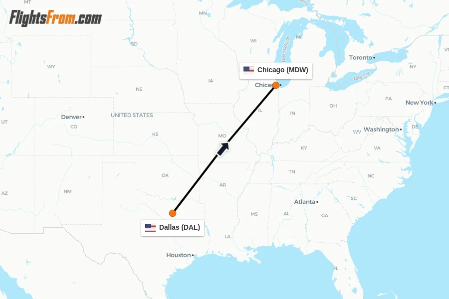 Flights from Dallas to Chicago route map