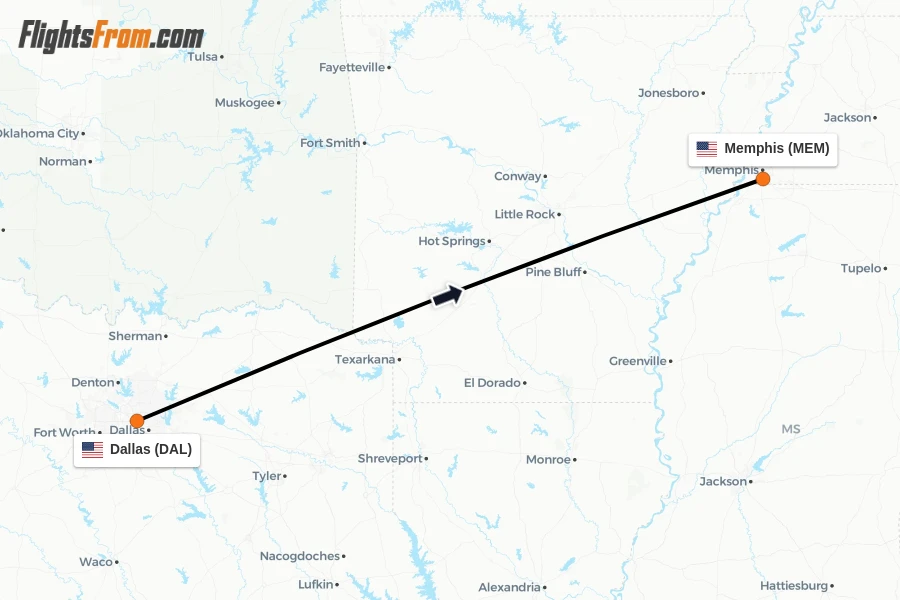 Flights from Dallas to Memphis route map