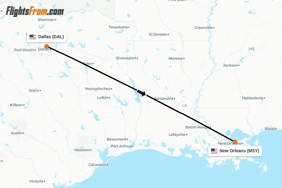 Flights from Dallas to New Orleans route map