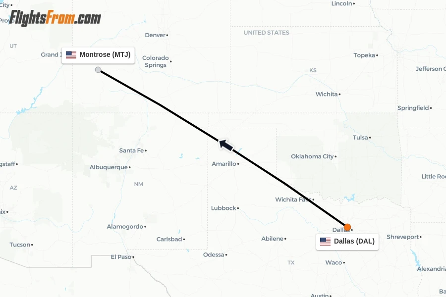Flights from Dallas to Montrose route map