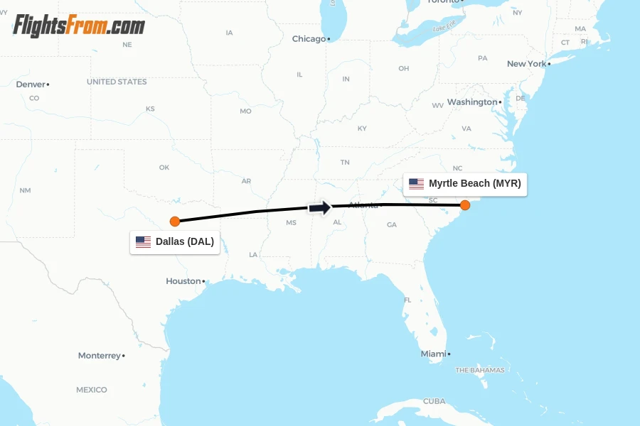 Flights from Dallas to Myrtle Beach route map