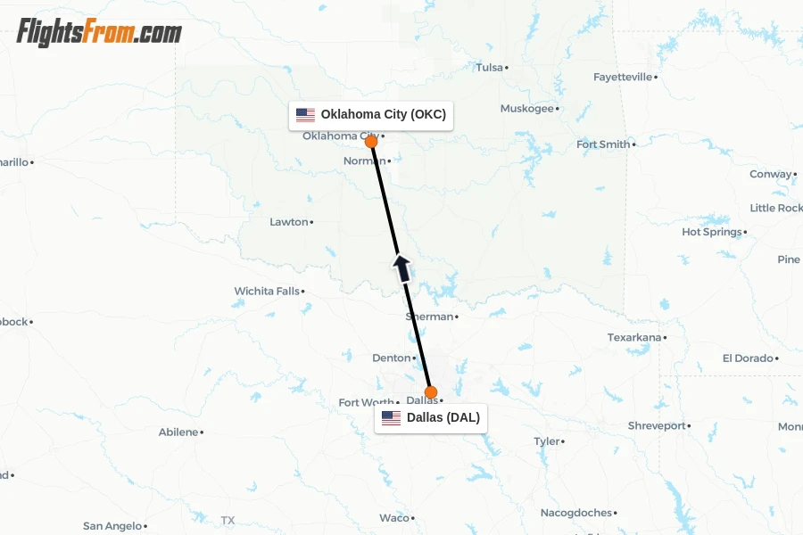 Flights from Dallas to Oklahoma City route map