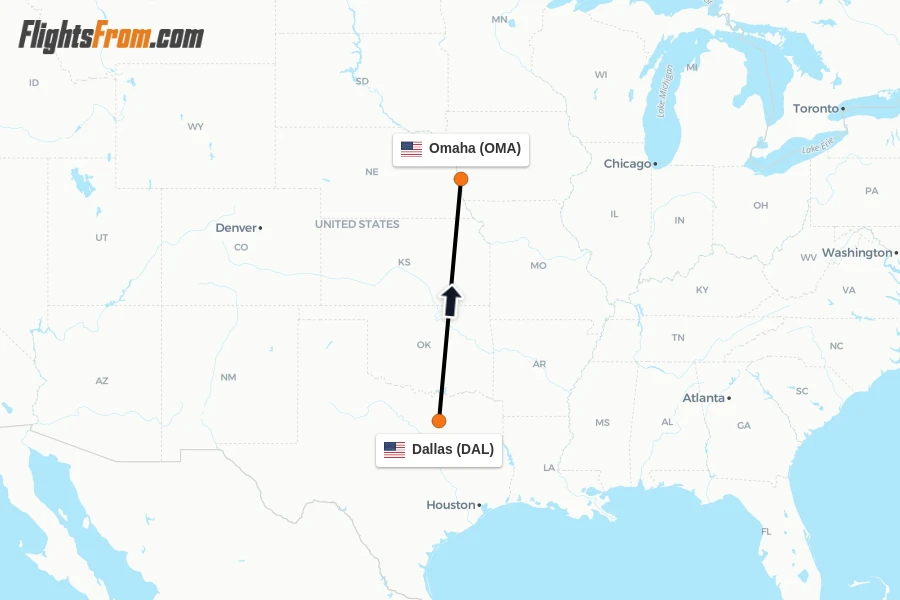 Flights from Dallas to Omaha route map