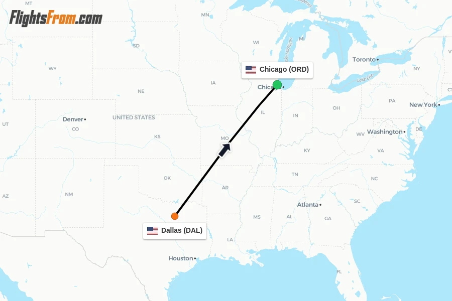 Flights from Dallas to Chicago route map