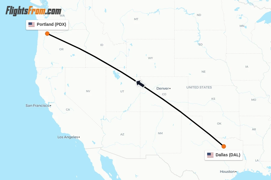 Flights from Dallas to Portland route map