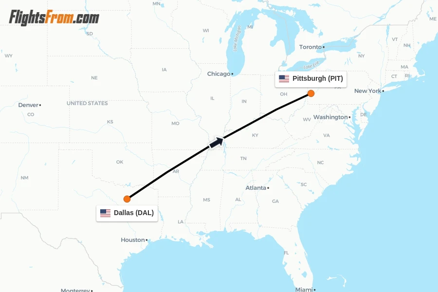 Flights from Dallas to Pittsburgh route map