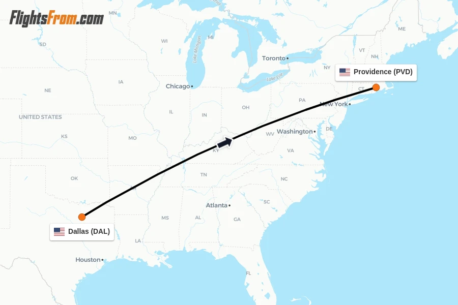 Flights from Dallas to Providence route map