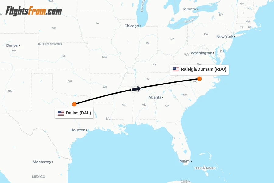 Flights from Dallas to Raleigh/Durham route map