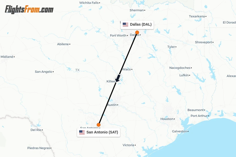 Flights from Dallas to San Antonio route map