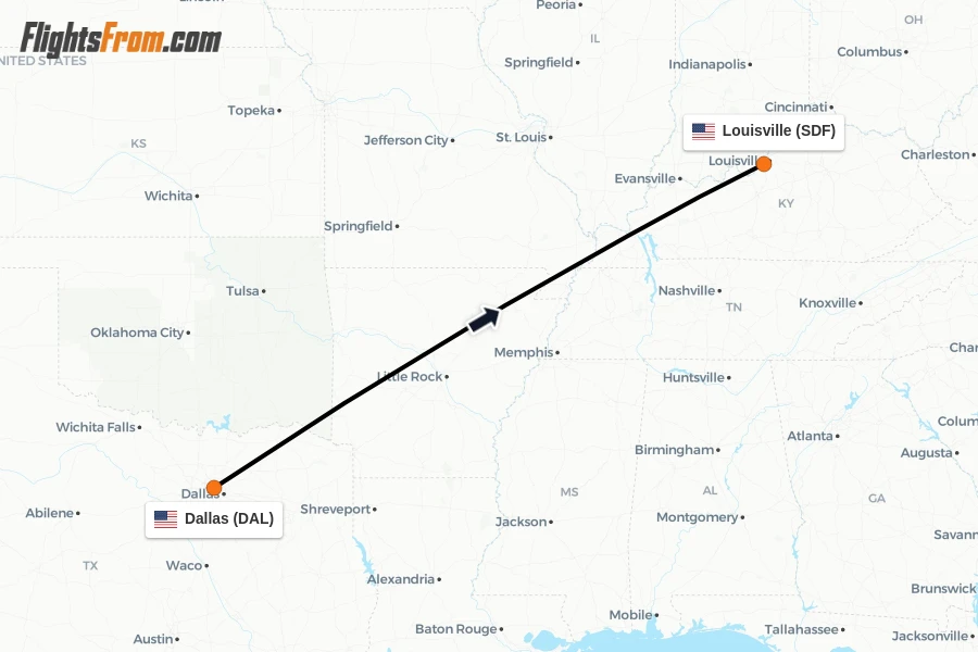 Flights from Dallas to Louisville route map