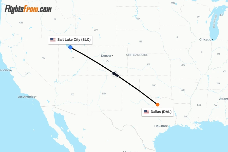 Flights from Dallas to Salt Lake City route map