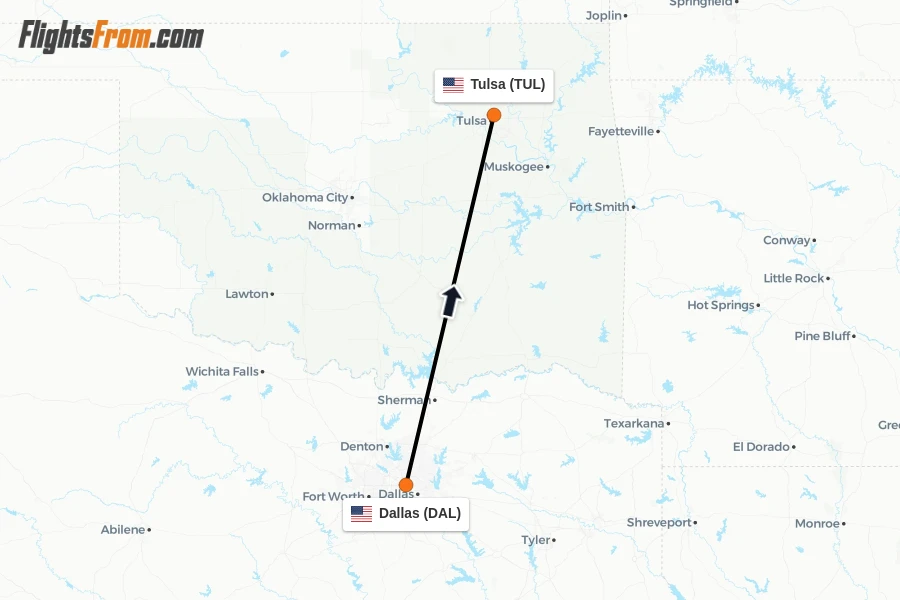Flights from Dallas to Tulsa route map