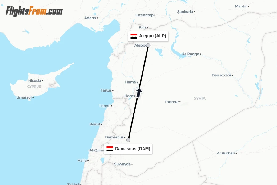 Flights from Damascus to Aleppo route map