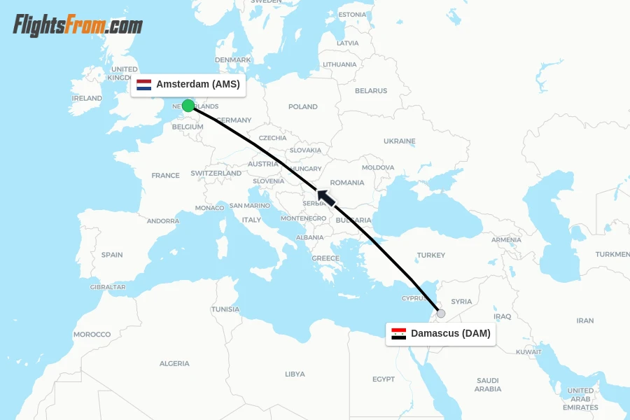 Flights from Damascus to Amsterdam route map