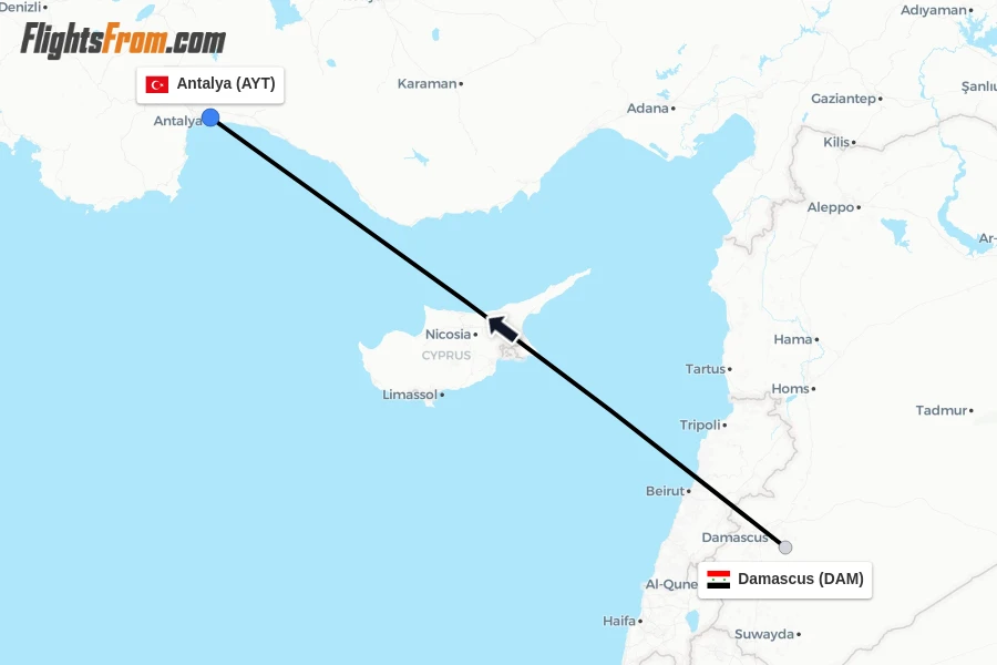 Flights from Damascus to Antalya route map