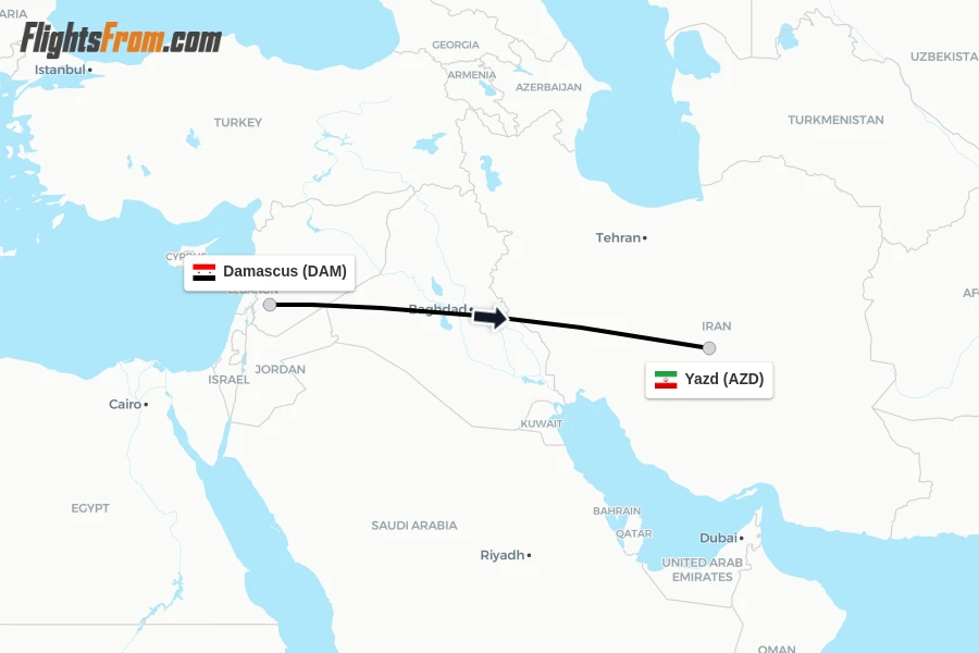 Flights from Damascus to Yazd route map