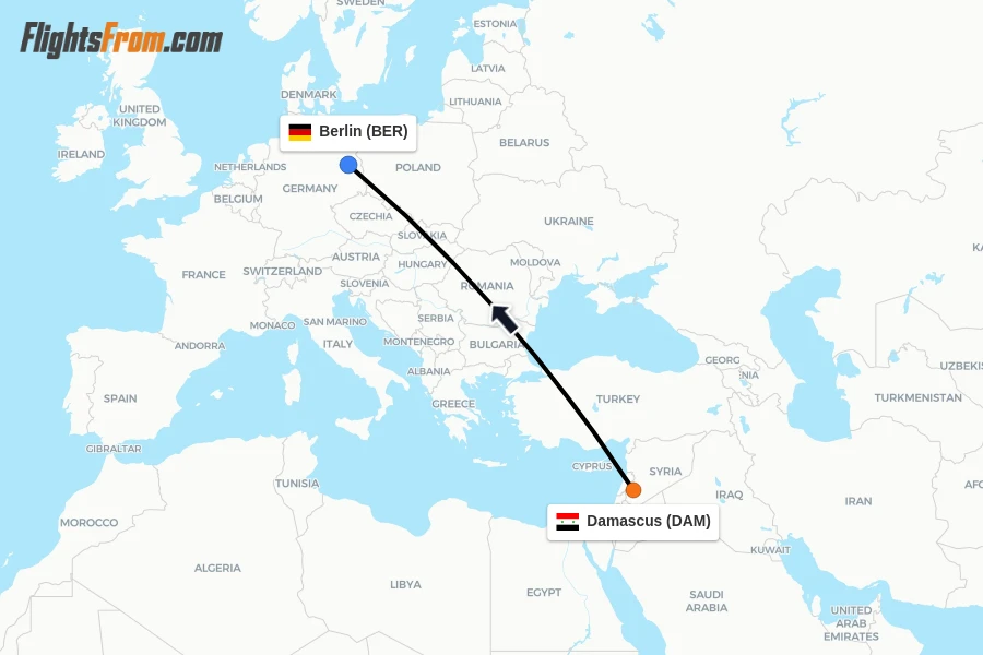 Flights from Damascus to Berlin route map