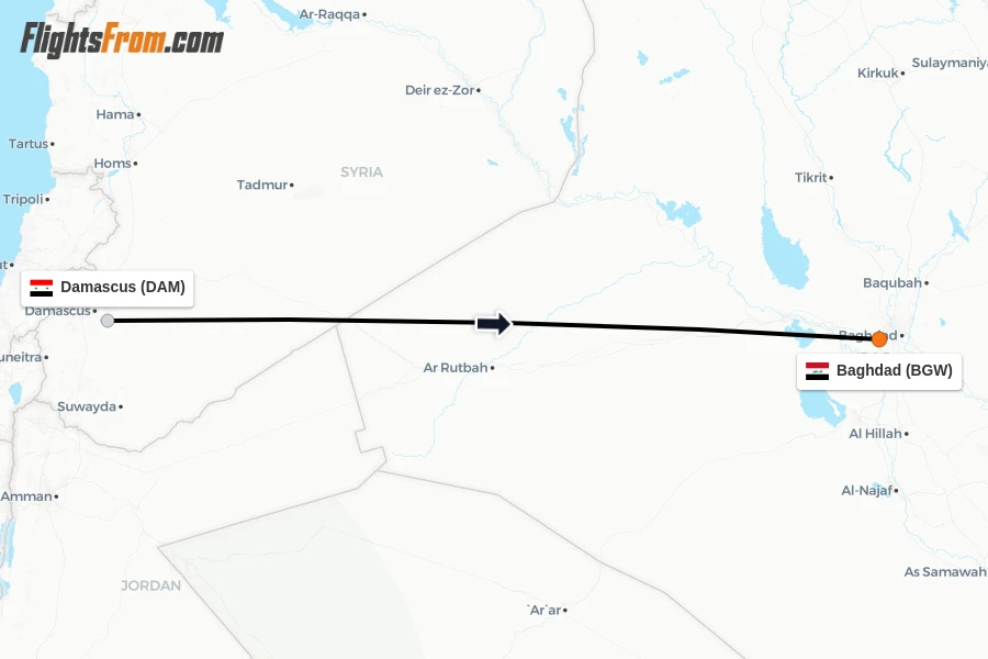 Flights from Damascus to Baghdad route map