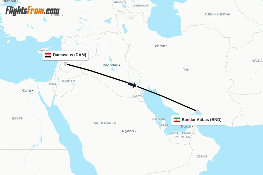 Flights from Damascus to Bandar Abbas route map