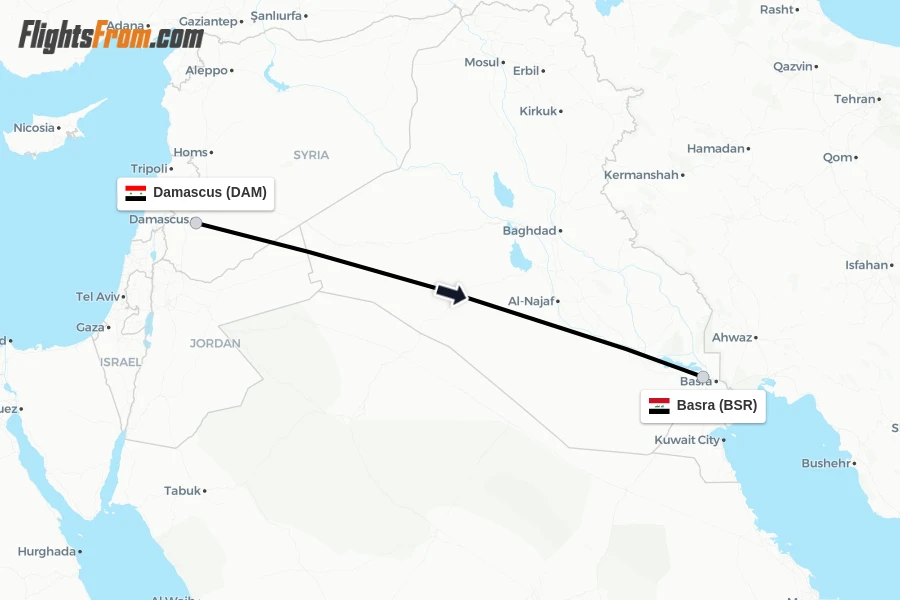 Flights from Damascus to Basra route map