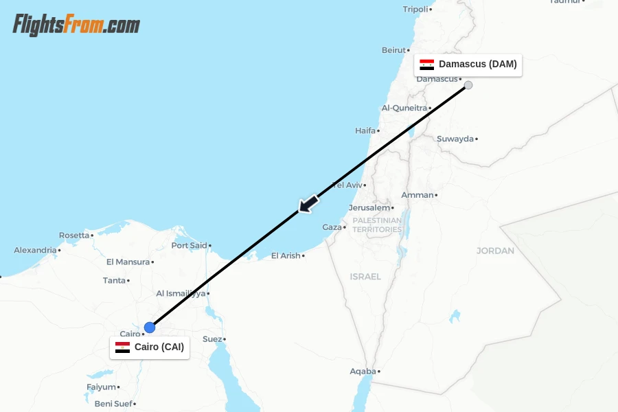 Flights from Damascus to Cairo route map