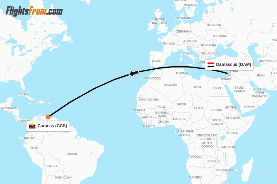 Flights from Damascus to Caracas route map