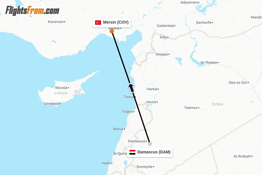Flights from Damascus to Mersin route map
