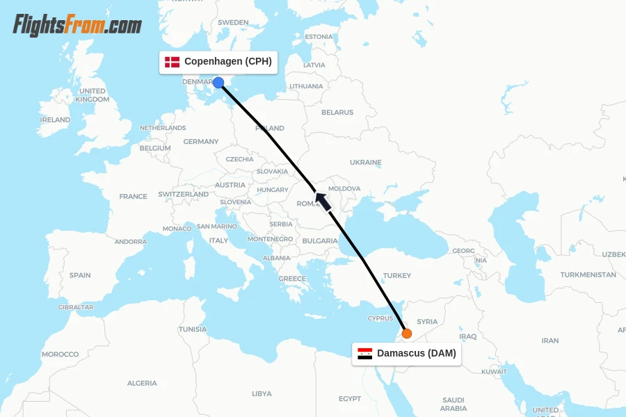 Flights from Damascus to Copenhagen route map
