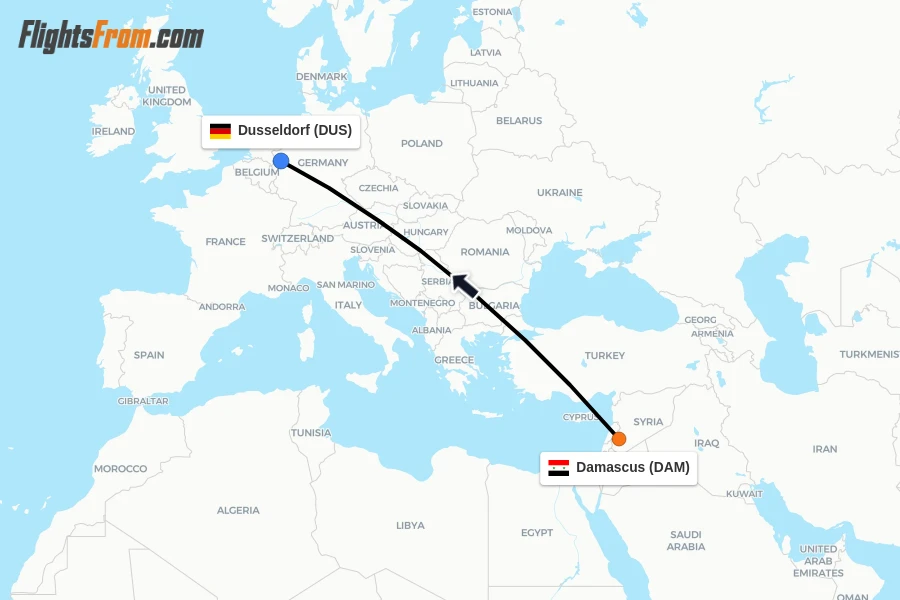 Flights from Damascus to Dusseldorf route map