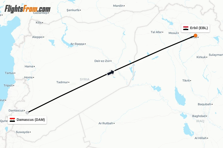 Flights from Damascus to Erbil route map