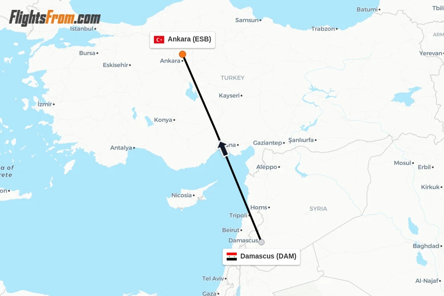 Flights from Damascus to Ankara route map
